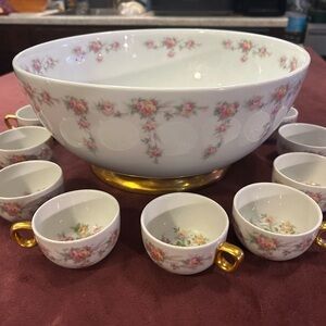 Antique Johann Haviland Bavaria Punch Bowl 12”.+12 Cups Pink Roses Gilt Germany